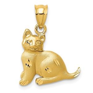 14k Yellow Gold Cat Necklace Charm Pendant Satin Finish Diamond-cut